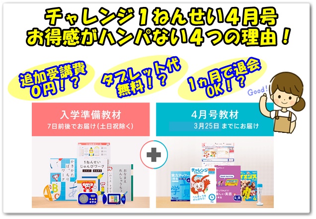 こどもちゃれんじ,口コミ,体験談,1年生,4月号,お得,おススメ,タブレット,無料